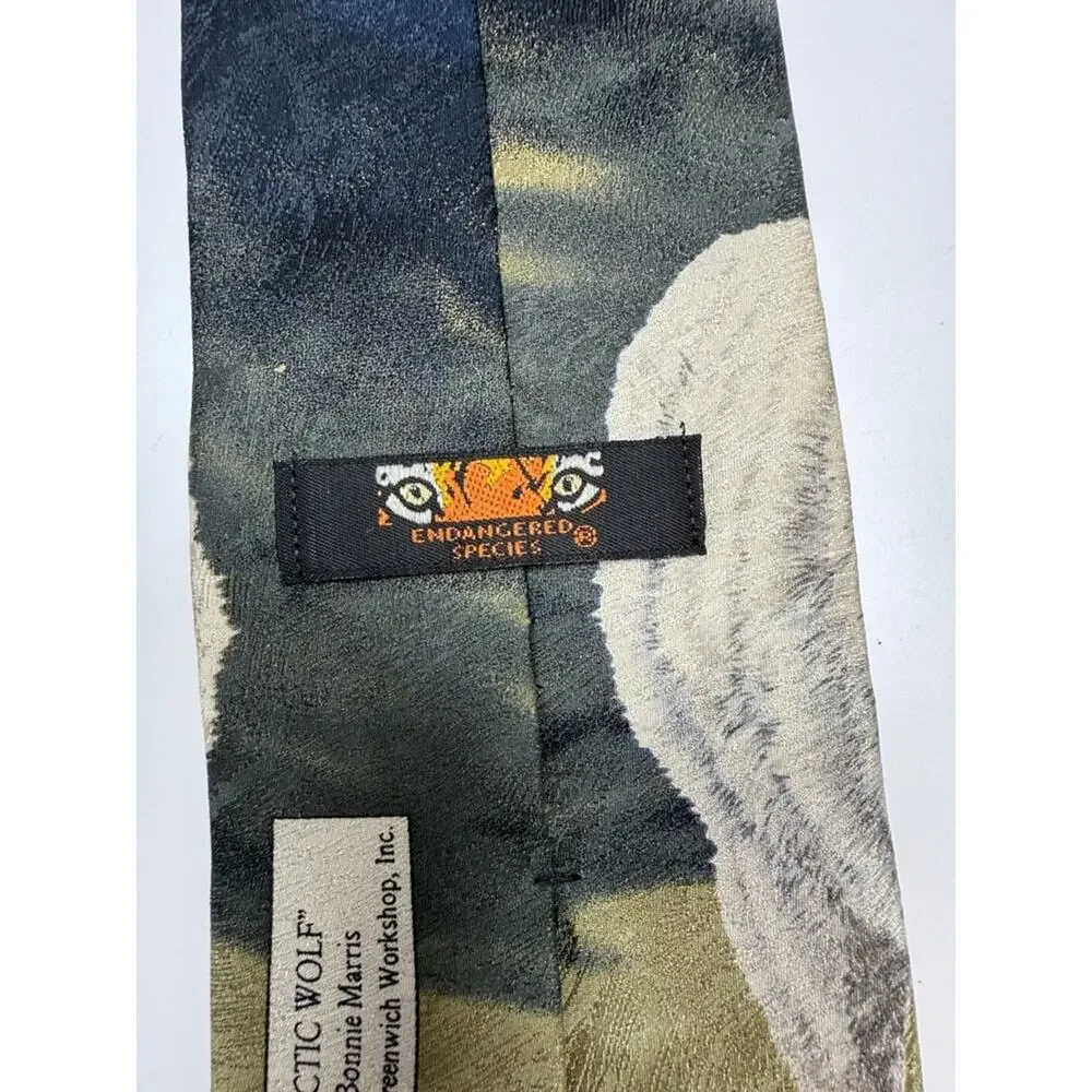 Vintage 1996 Endangered Species Arctic Wolf 100% Silk Made in USA Necktie Tie